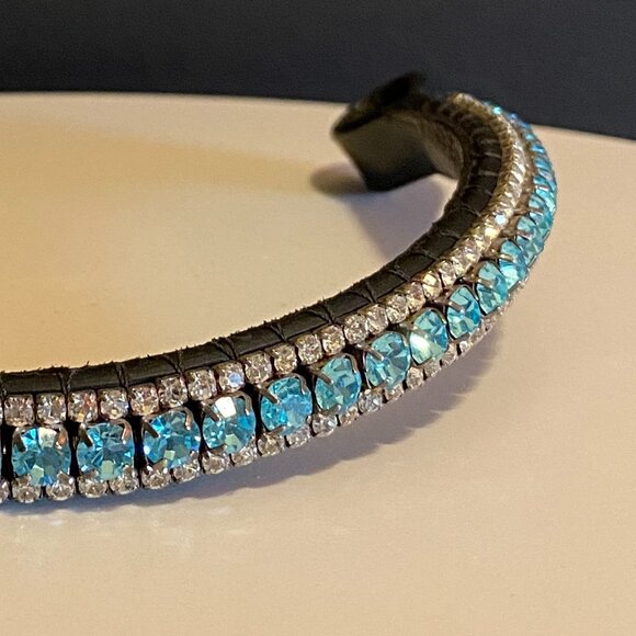 Black Leather Equestrian Bridle Browband - Clear and Blue Crystals - Cob - Picture 5 of 10